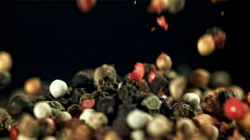 Peppercorn falling on a black background. Filmed on a highspeed camera at 1000 fps. High quality FullHD footage video