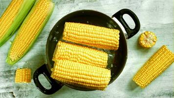 The corn falls into the pan. View from above. Filmed on a highspeed camera at 1000 fps. High quality FullHD footage video