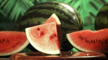 Watermelon slices fall on a wet table. Filmed on a highspeed camera at 1000 fps. High quality FullHD footage video