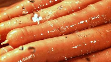 Drops of water fall on carrots. Filmed on a highspeed camera at 1000 fps. High quality FullHD footage video