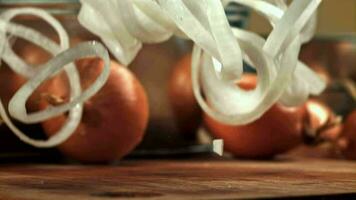 Sliced onion rings fall onto the table. Filmed on a highspeed camera at 1000 fps. High quality FullHD footage video