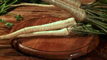 Parsley root falls on a cutting board. Filmed on a highspeed camera at 1000 fps. High quality FullHD footage video