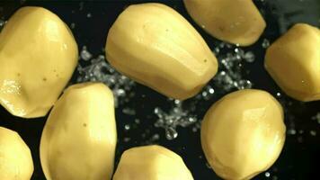 Peeled potatoes fly up. View from above. Filmed on a highspeed camera at 1000 fps. High quality FullHD footage video