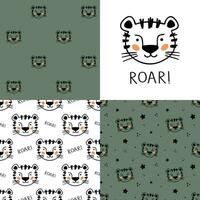 Set of Cute Little Tiger seamless patterns. Hand drawn Little Tiger in doodle style for designing baby clothes. Cartoon Bohemian nursery print. Kids design texture. Vector illustration.