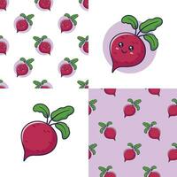 Set of Cute Kawaii Beet root patterns. Food vegetable flat icon. Cartoon Beet root seamless pattern, doodle style. Vector hand drawn illustration. Beet root patterns collection