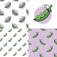 Set of Cute Kawaii Peas patterns. Food vegetable flat icon. Cartoon Pea pod seamless pattern, doodle style. Vector hand drawn illustration. Patterns for kids clothes. Peas patterns collection