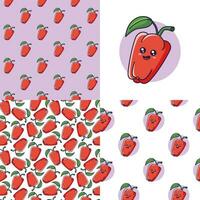 Set of Cute Kawaii Bell pepper patterns. Food vegetable flat icon. Cartoon Red Bell pepper seamless patterns. Vector hand drawn illustration. Patterns for kids clothes. Bell pepper patterns collection