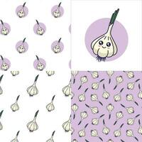 Set of Cute Kawaii garlic patterns. Food vegetable flat icon. Cartoon garlic seamless pattern, doodle style. Vector hand drawn illustration. Patterns for kids clothes. garlic patterns collection
