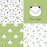 Set of Cute Little Frog prince seamless patterns. Hand drawn Little Toad in doodle style for designing baby clothes. Cartoon Bohemian nursery print. Kids design texture. Vector illustration.