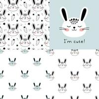 Set of Cute Little Hare seamless patterns. Hand drawn Little Bunny in doodle style for designing baby clothes. Cartoon Bohemian nursery print. Kids design texture. Vector illustration.