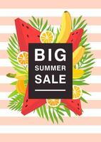 Vertical poster on big summer sale theme. Bright promotional flyer with different fruits and palm leaves. Colorful advertising vector illustration on a striped background.