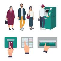 People queue near ATM. Operations, Insert credit card, enter pin code, receiving money. Set of colorful images in flat style. vector