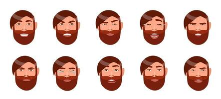 Set of man's emotions. Bearded guy face. Cartoon character with different facial expression collection. Colorful vector illustration in flat style.