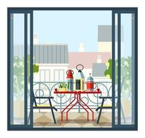 Interior of balcony, table and chairs, potted trees. Beautiful scenery, view of city from open door. Colorful vector illustration in flat style.