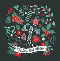 Christmas floral decoration collection. Set of different flowers, leaves and berry. Colorful vector design elements. Illustration on dark background.