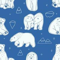 Seamless pattern with white polar bears. Hand drawn, doodle vector background.