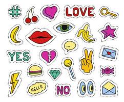 Set of fashion patches. Different badges and pins. Hearts, lips, cherry, banana, eye, key, lollipop, hashtags and diamond icons. Trendy vector pictograms in cartoon 80s-90s comic style.