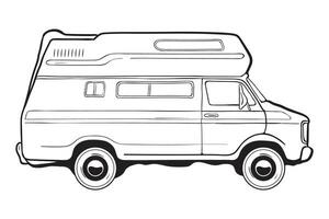 Camping trailer car, side view. Black and white vector illustration.