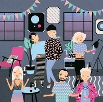 Home party with dancing, drinking people. Fashionable young guys and girls in bright clothes. Colorful vector illustration in cartoon style.