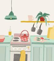 Hand drawn home cooking in cartoon style. Colorful doodle kitchen interior with kitchenware, kettle, oven, stove, utensils. Vector illustration.