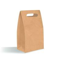 Empty brown paper bag with handles holes. Realistic triangular kraft package with shadows isolated on white background. design template. vector