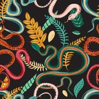 Seamless pattern with snakes and plants. Colorful wallpaper on a tropical theme on dark background. vector