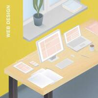 Adaptive web design for various devices. Isometric colorful vector illustration with responsive design on computer, tablet, smartphone, laptop.