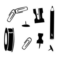 Small office Stationery in simple doodle style. Pin and clip and sharpener vector
