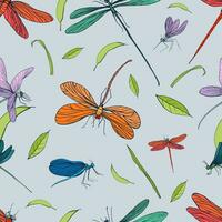 Seamless pattern with different dragonfly. Hand drawn background with flying adder. Vector illustration.