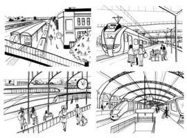 Set of sketches with railway station. Passengers on platform, waiting, arriving and departing train. Hand drawn black and white vector illustration.