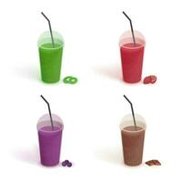 Set of different drinks in plastic cup with lid and straws. Smoothies with blueberries, strawberries, kiwi, chocolate. Vector colorful collection on white background in flat style.