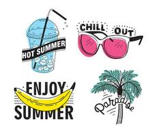 Vector set of hand drawn lettering with inscriptions Enjoy summer, paradise, hot summer, chill out. Typographic collection with illustrations of palm, sunglasses, beverage with ice, banana.