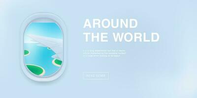 Banner with airplane window. cartoon flat illustration with place for text. Porthole, view on the plane wing. vector