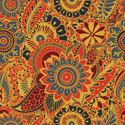 Bright seamless pattern with paisley mehndi elements. Hand drawn wallpaper with floral traditional indian ornament. Colorful vector background.