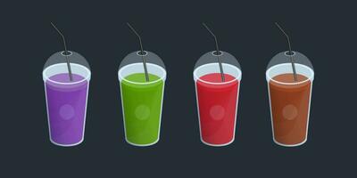 Set of different smoothies in plastic cup with lid and straws. Drinks, cocktails, beverage of orange, purple, green, red color. Vector colorful collection on black background.