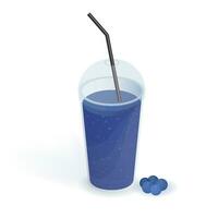 Drink in transparent plastic cup with lid and straw. Smoothie with blueberry. Beverage, realistic vector illustration on white background.