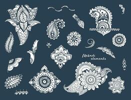 Set of hand drawn different mehndi elements. Stylized flowers, florals, leaves, indian paisley collection. Monochrome ethnic illustration on a dark background. vector