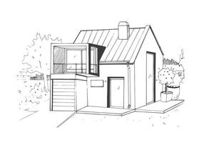 Hand drawn country house. modern private residential house. black and white sketch illustration. vector