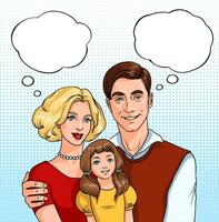 Happy family. father, mother and daughter with sound clouds. pop art illustration at comics style. vector