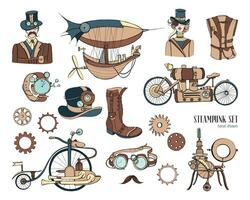 Steampunk objects and mechanism collection, machine, clothing, people and gears. Hand drawn vintage style illustration set. vector