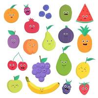 conjunto de linda frutas y bayas con sonrisas brillante vegetariano comida colección en blanco antecedentes. vistoso vector ilustración en dibujos animados estilo.