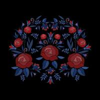 Embroidered composition of roses flowers, buds and leaves. Satin stitch embroidery floral design on black background. Folk line trendy pattern for clothes, dress, decor. vector