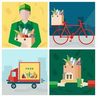 conjunto en entrega comida tema. mensajero, bicicleta, pago para un compra. vistoso vector ilustraciones colección en plano estilo.