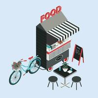 Concept of street food. Bicycle kiosk, foodtruck, portable cafe on wheels. Isometric illustration with fastfood point of sale, table and chairs. Top view. Colorful vector. vector
