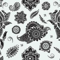 Seamless pattern with mehndi elements. Floral wallpaper with stylized flowers, leaves, indian paisley. Vector black and white monochrome background.