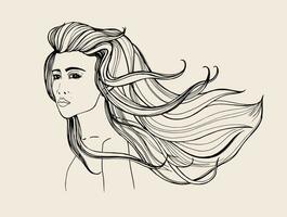 Fashion portrait. Beautiful girl with long flowing hair. Contour hand drawn illustration. vector