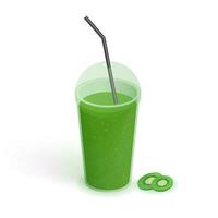 Drink in transparent plastic cup with lid and straw. Smoothie with kiwi. Beverage, realistic vector illustration on white background.