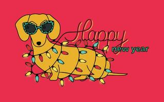 Happy New Year , horizontal greeting card. Chinese year of yellow Dog. Congratulation with funny dachshund in glasses and christmas lights. Colorful vector illustration in cartoon style.