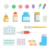 Set of different pills and drugs. First-aid kit contents, medication, drops, tablet, syringe, thermometer, plaster, inhaler, capsule, vial, medicine bottle collection. Vector flat illustration.