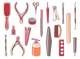 Manicure equipment set. Collection different tool, nailfile, clippers, scissors. Hand drawn colorful illustration. vector